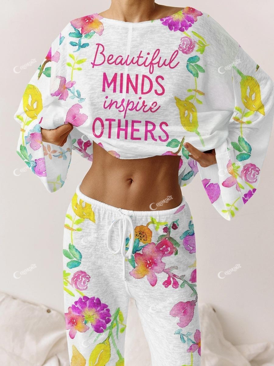 Women's Beautiful Minds ispire Others Elegant Floral Pattern Round Neck Long Sleeve Suit