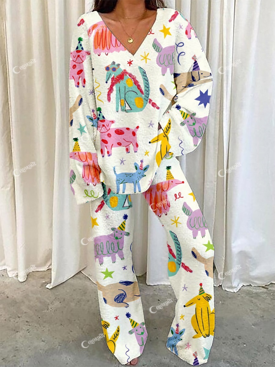 Women's Holiday Puppy Print Comfortable V-Neck Suit