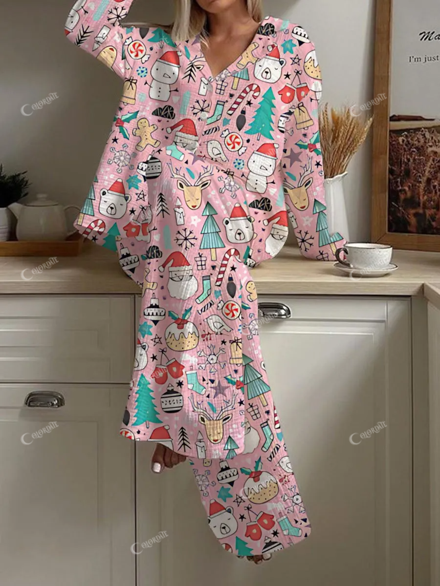 Women's Pink Christmas Cute Snowman Print Loose Home Clothes Set