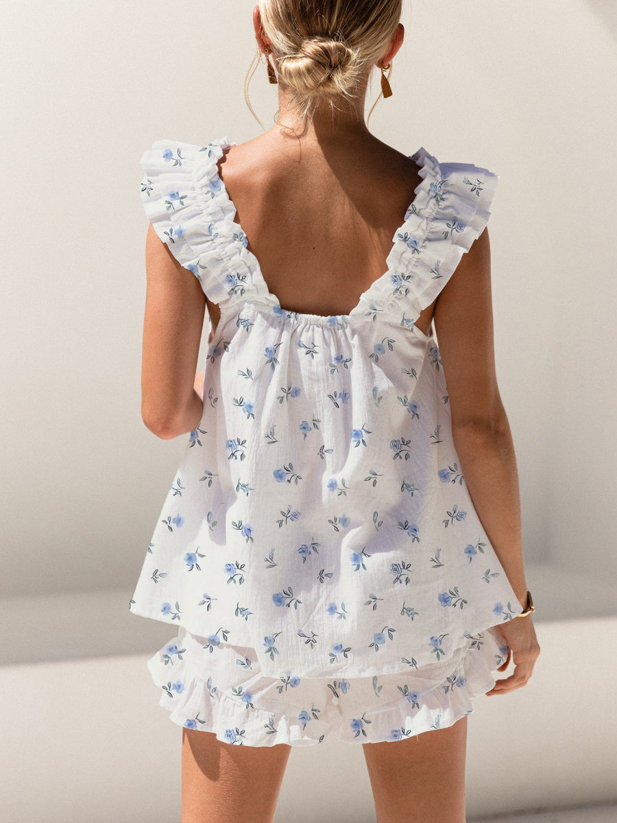 Summer Blue Tiny Flower Print Ruffled Trim Short Tank Top Shorts Pajama Set