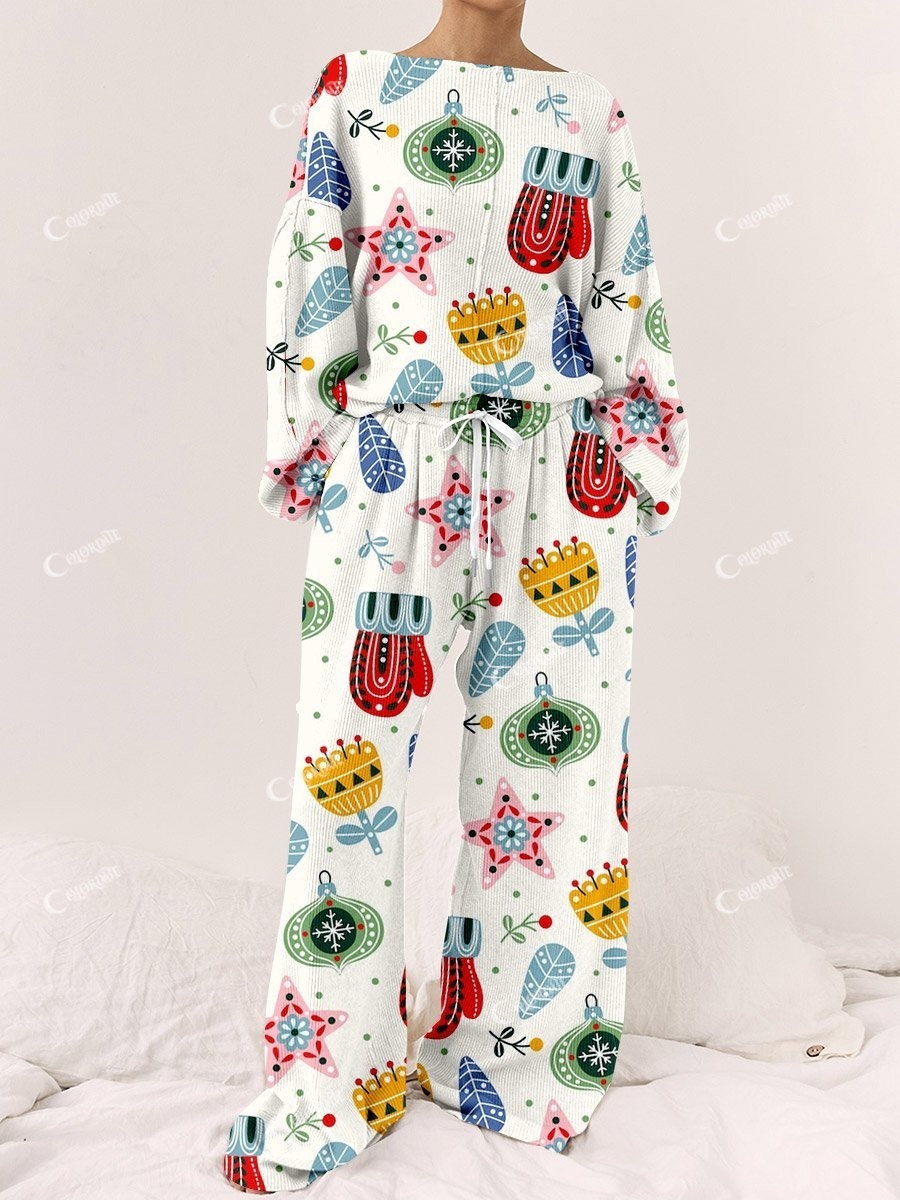 Women's Christmas Art Painting Printed Home Long Sleeve Suit
