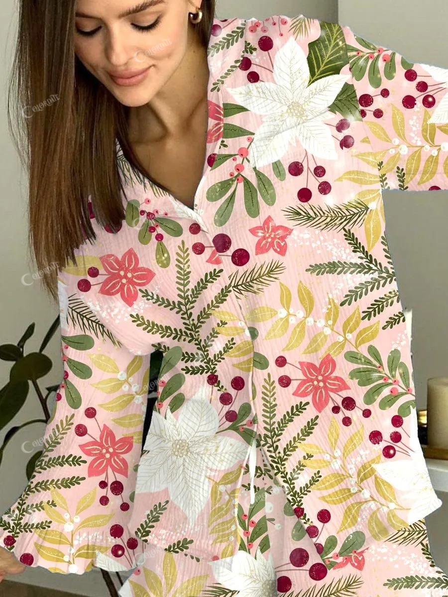 Women's Pink Christmas Poinsettia Pajama Set