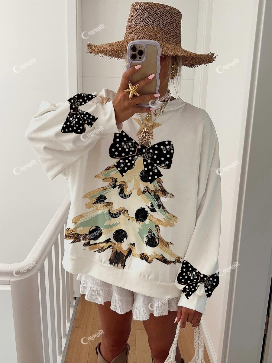 Women's Vintage Gold Dust Black Polka Dot Bow and Christmas Tree Fun Print Hoodie