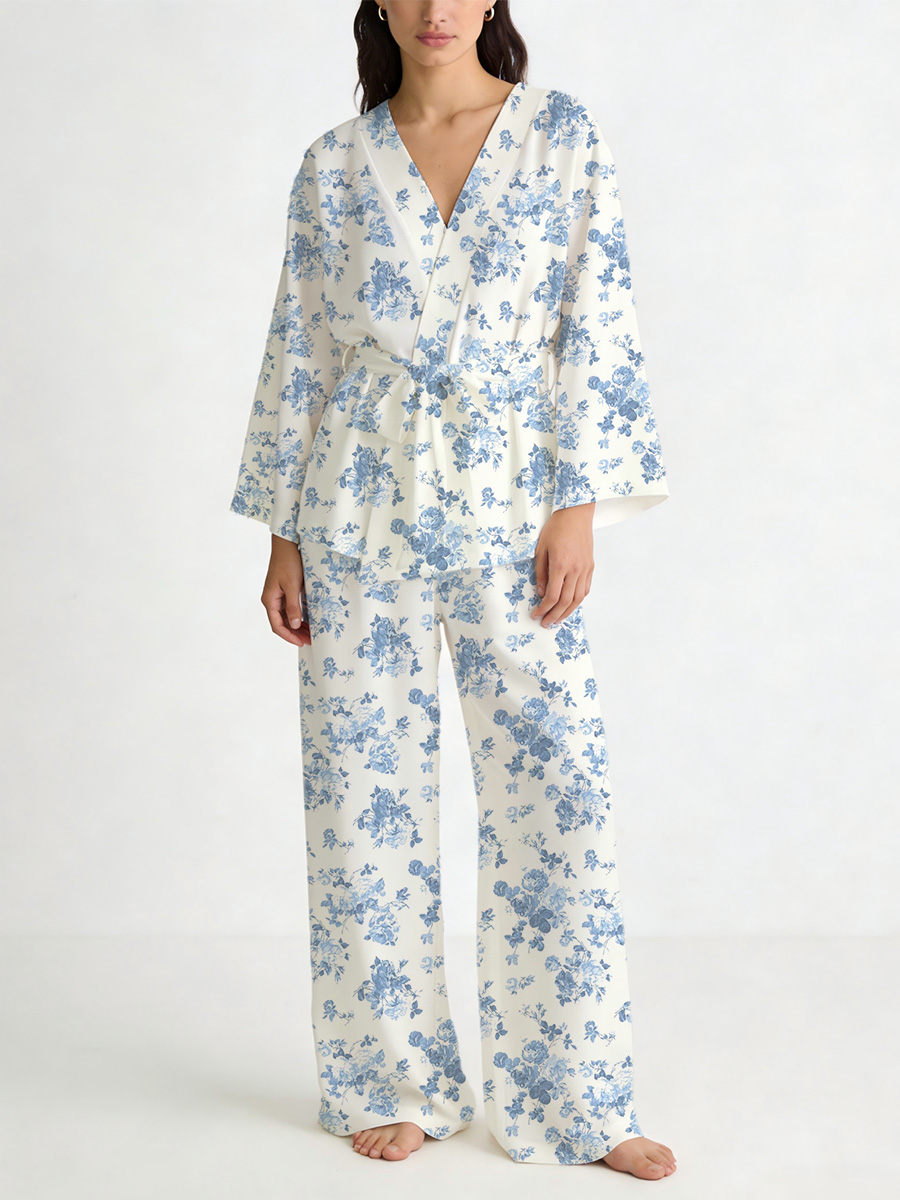 Colordate Blue Floral Print Loungewear Set For Women