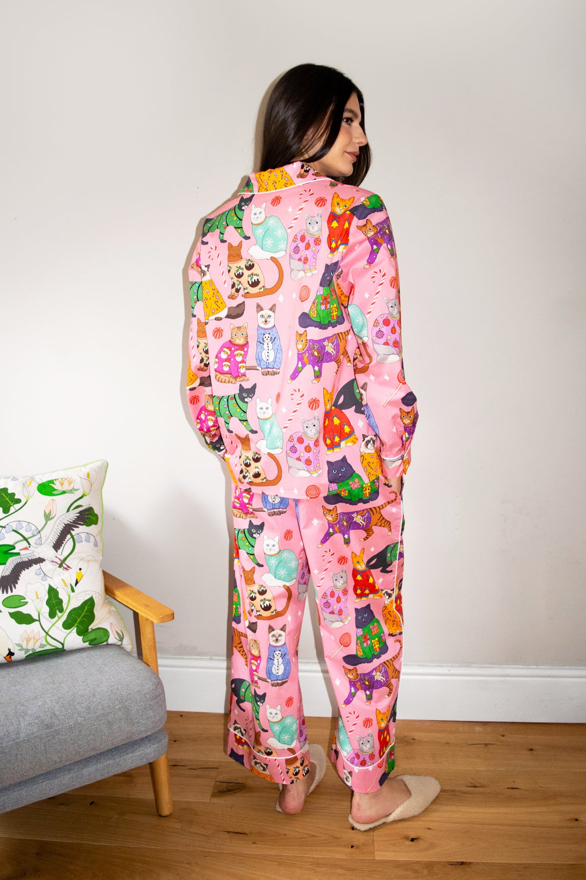 Women's Lapel Cute Cat Print Long Sleeve Pajama Set