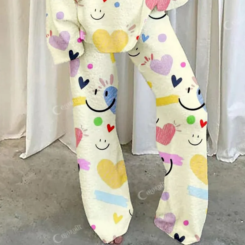 Women's Colorful Smiley Heart Print Home V Neck Long Sleeve Suit