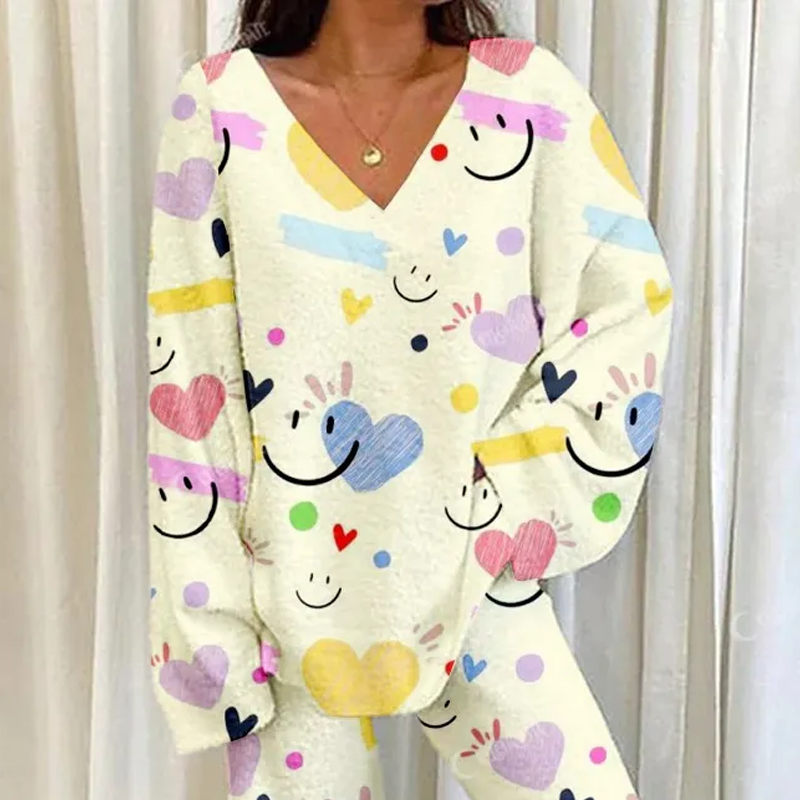 Women's Colorful Smiley Heart Print Home V Neck Long Sleeve Suit