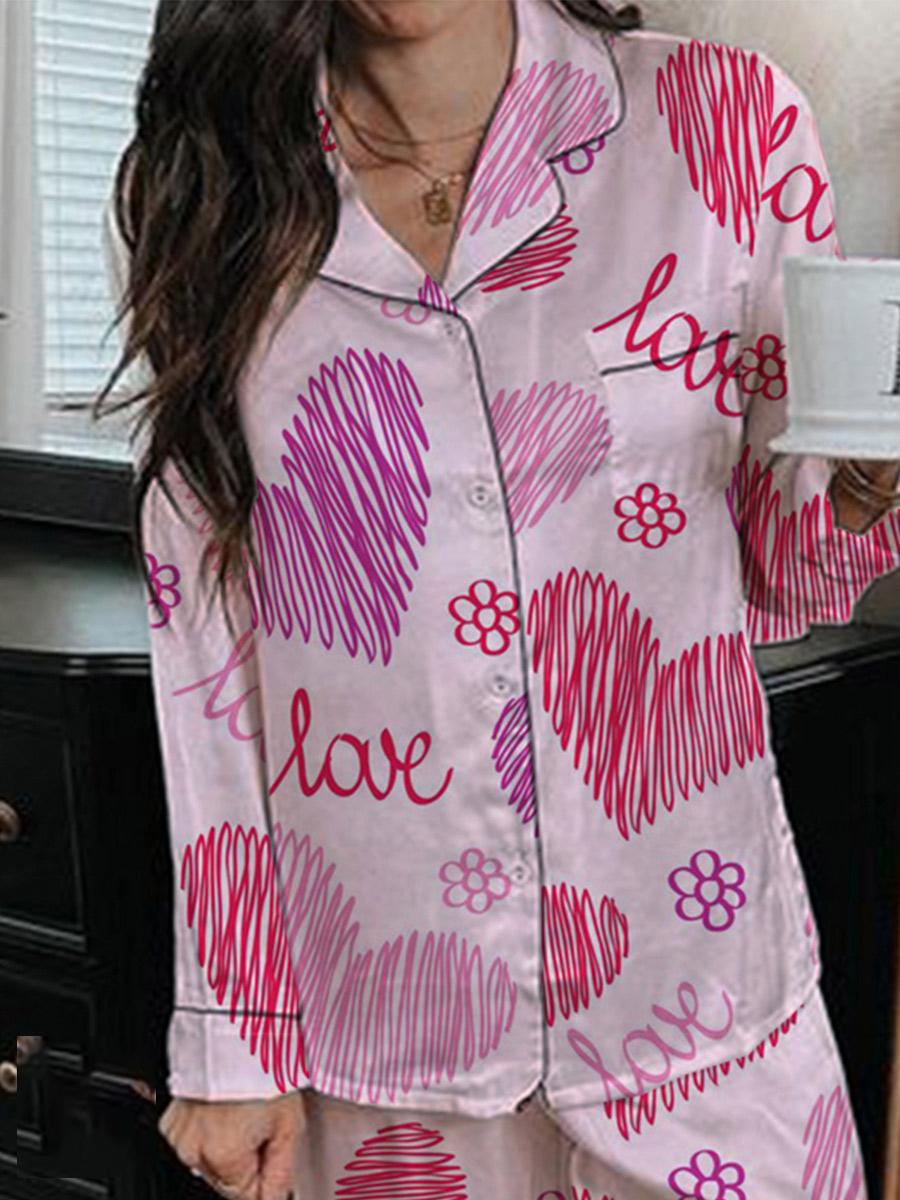 Women's Valentine's Day Heart Graffiti Pattern Long Sleeve Pants Set