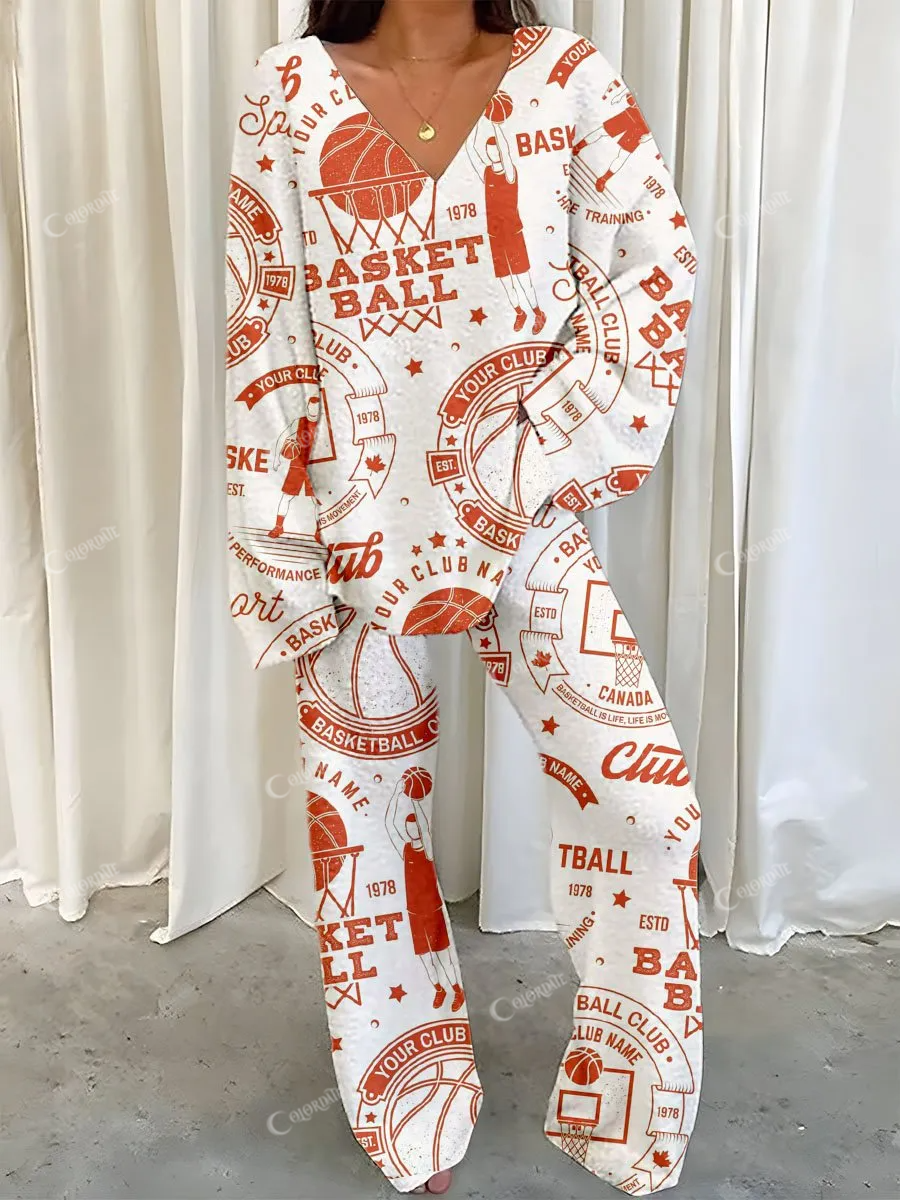 Women's Simple Basketball Elements Printed Polar Fleece Set