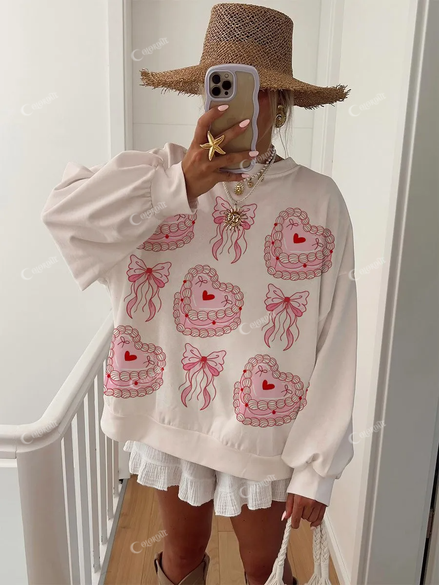 Women's Bow Cake Pattern Round Neck Long Sleeve Sweatshirt