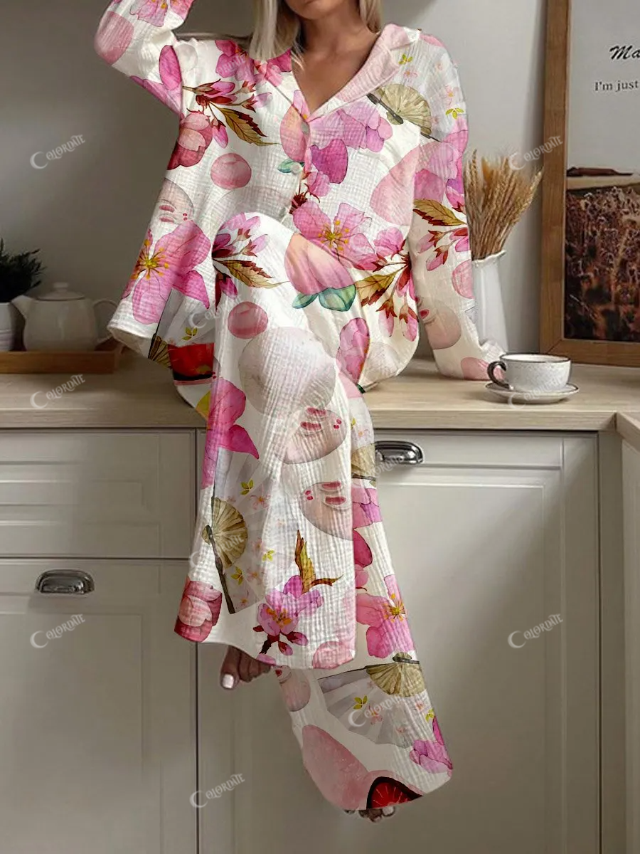 Women's Sakura Rabbit Watercolor Printed Cotton Cardigan Lounge Suit
