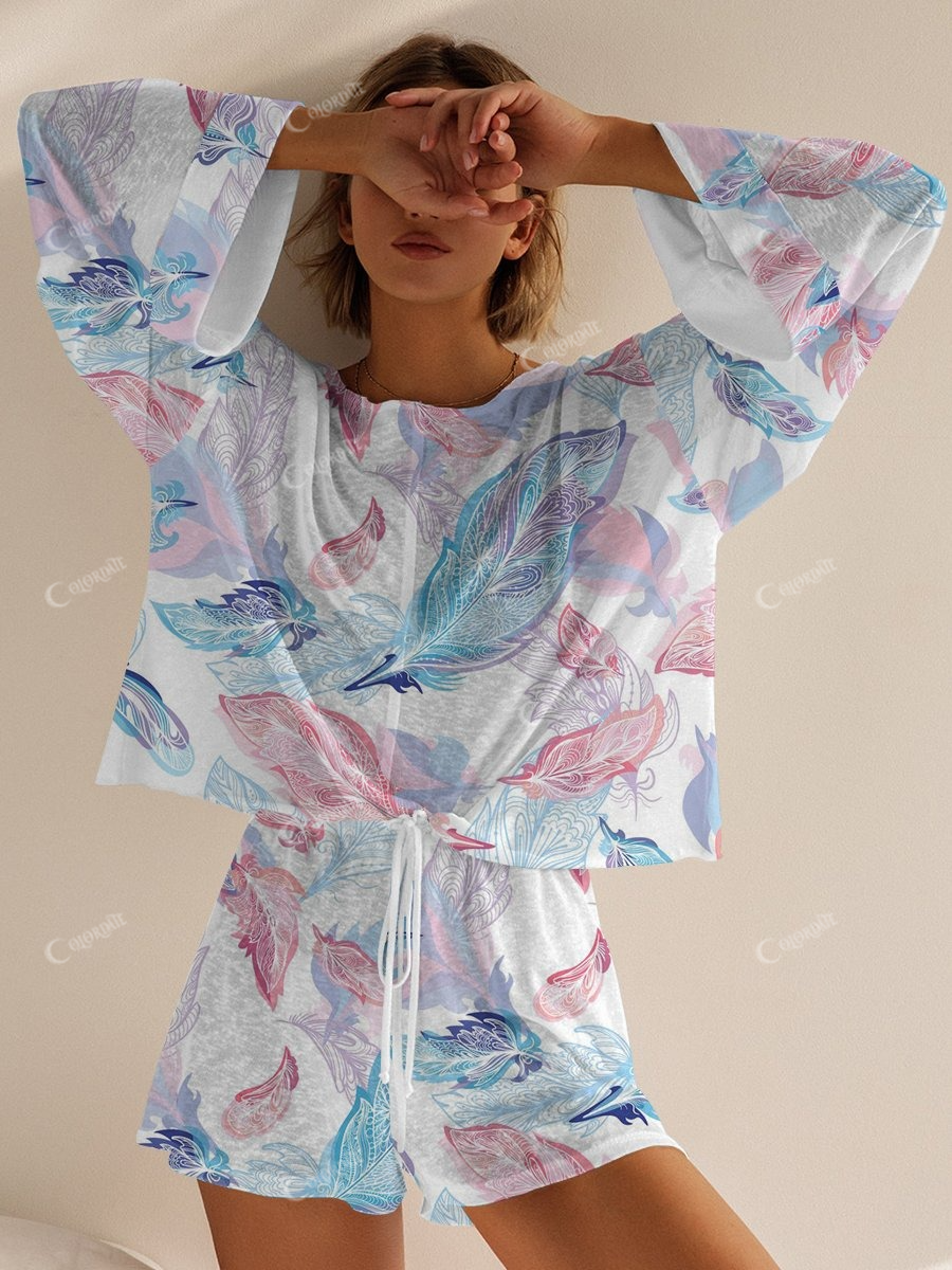 Women's Blue Feather Long Sleeve Shorts Set