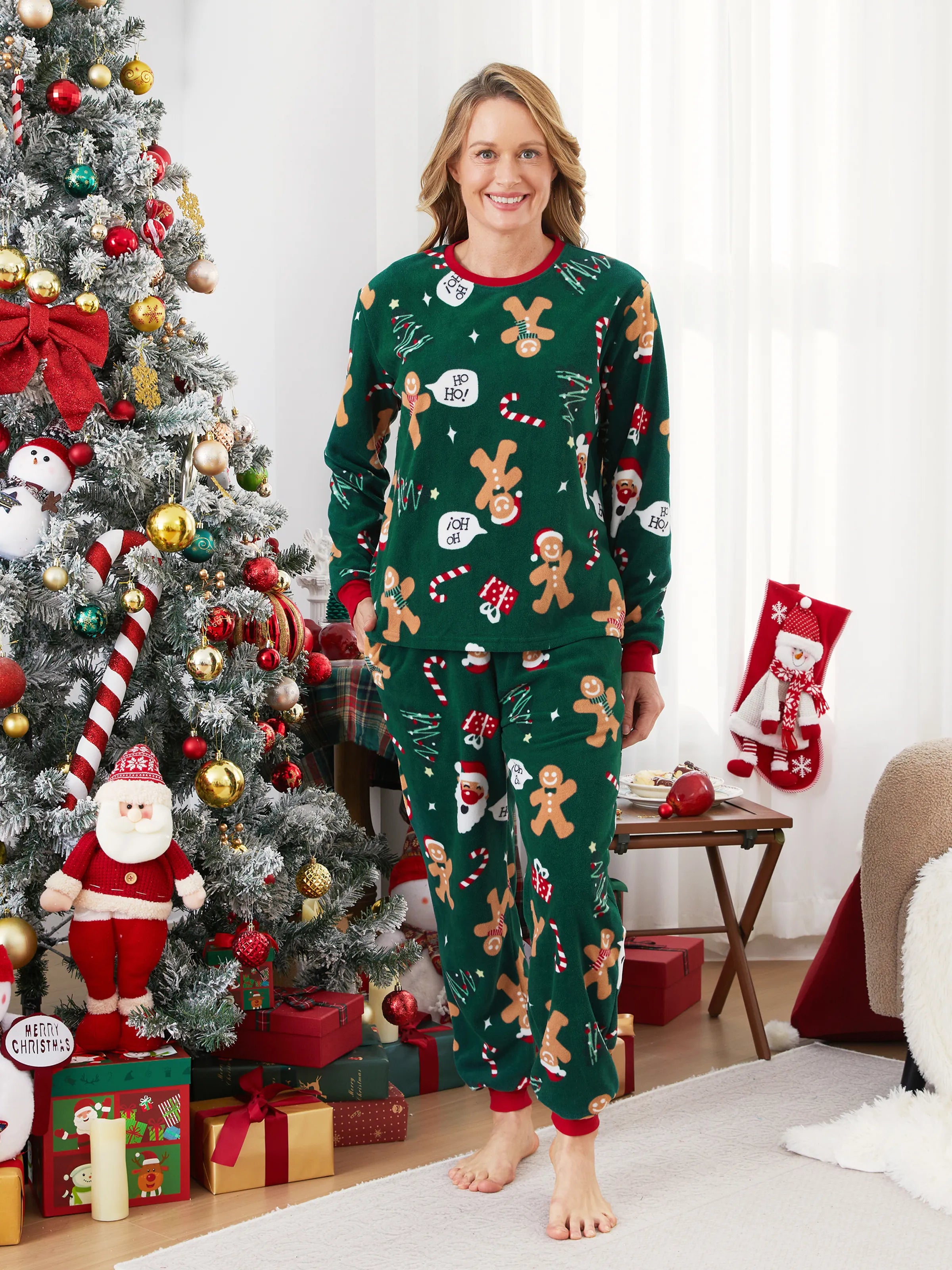 Christmas Pajamas Family Matching Fleece Gingerbread Man Long Sleeves Pajamas Sets