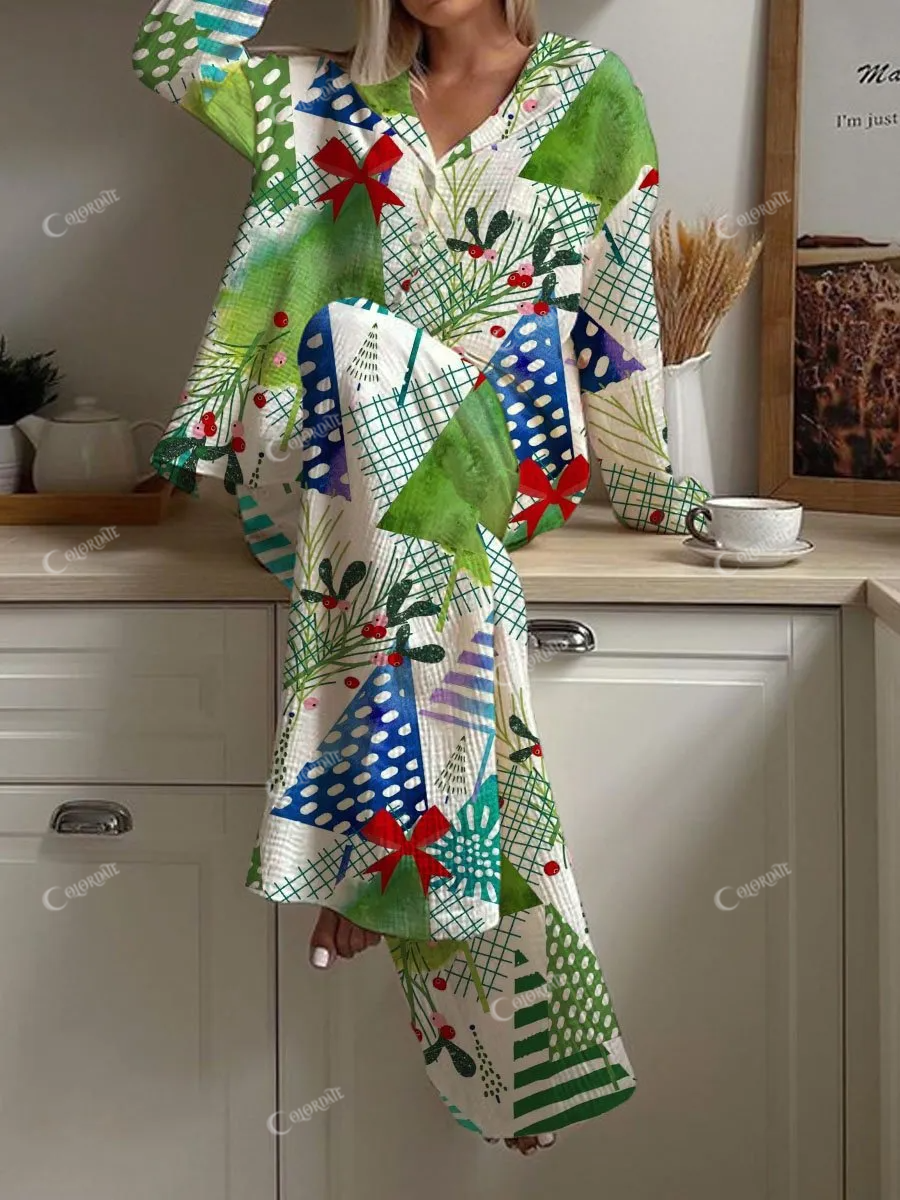 Women's Geometric Christmas Tree Print Cotton Cardigan Loungewear Set