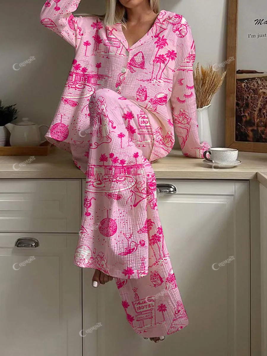 Women's Hand Painted Artistic Pink Holiday Pattern Long Sleeve Pants Set