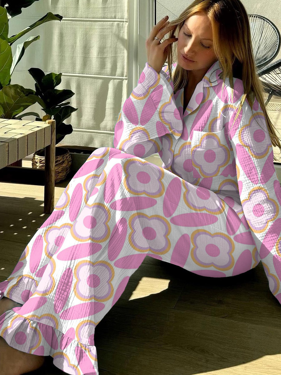Women's Floral Print Casual Homewear Ruffled Set