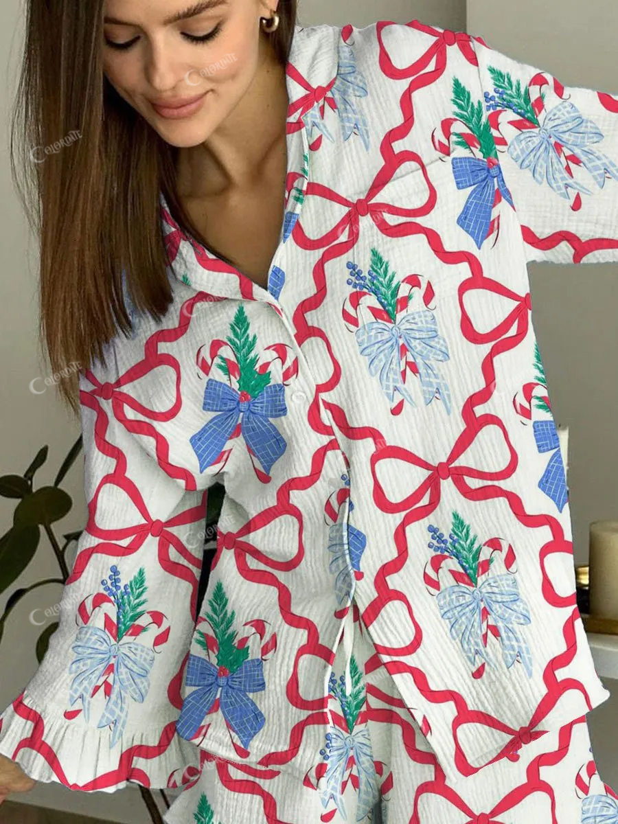Women's Christmas Candy Cane Butterfly and Pattern Ruffle Long Sleeve Pants Set
