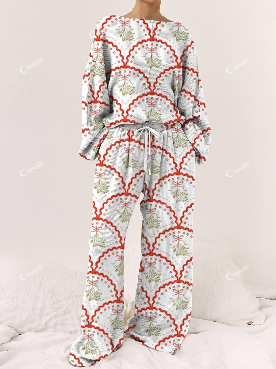 Women's Christmas Ribbon Plant Pattern Long Sleeve Pants Set