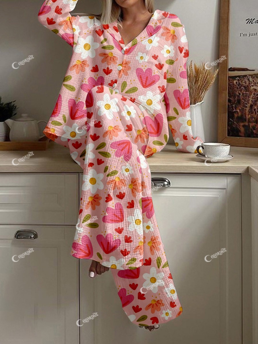 Women's Cute Floral Print Comfortable Long Sleeve Homewear Set