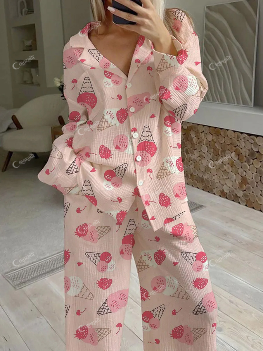 Women's Creative Ice Cream Pattern Long Sleeve Pants Suit