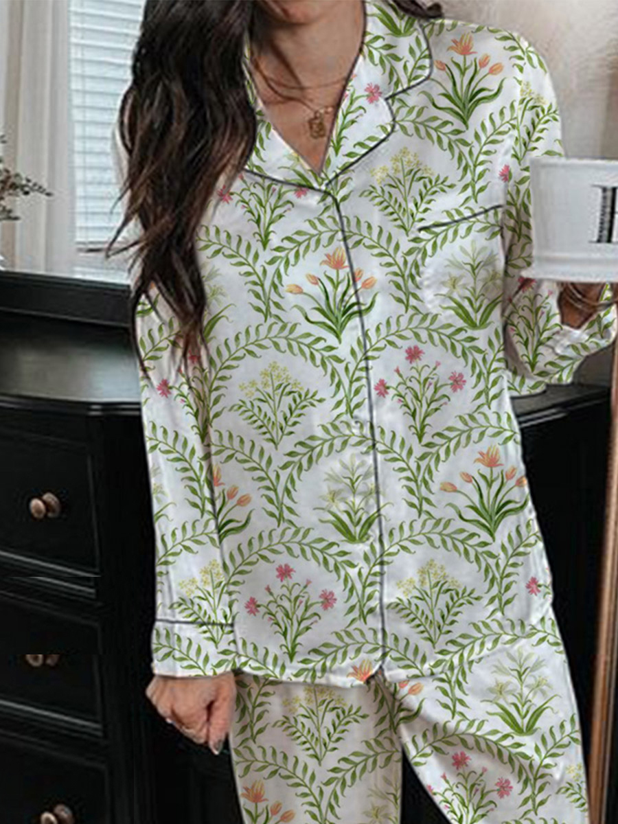 Women's Elegant Floral Pattern Long Sleeve Pants Set