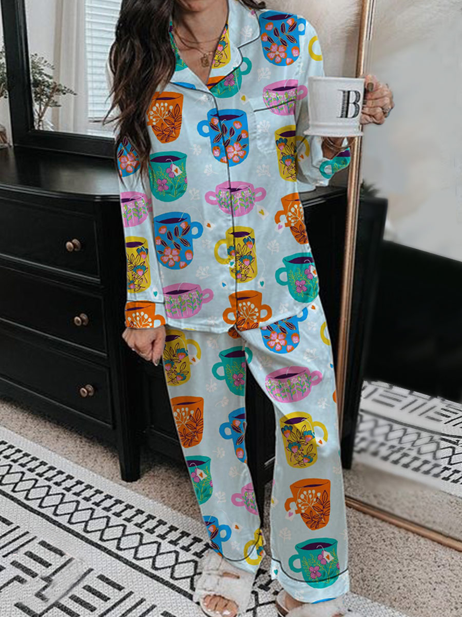 Women's Artistic Floral Teacup Fun Printed Home Long Sleeve Suit