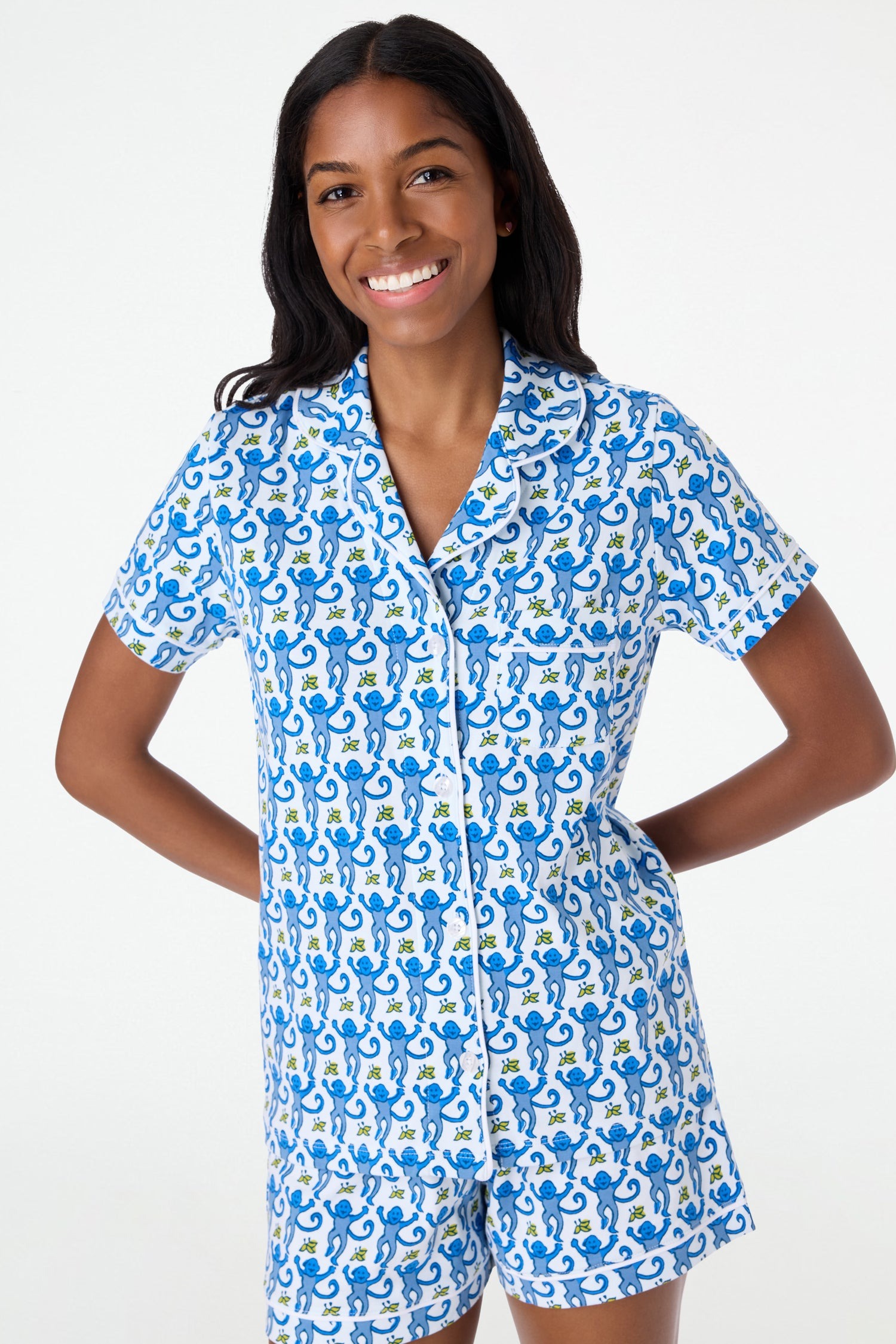 Monkey Print Pajamas Set Blue Cotton Homewear Set