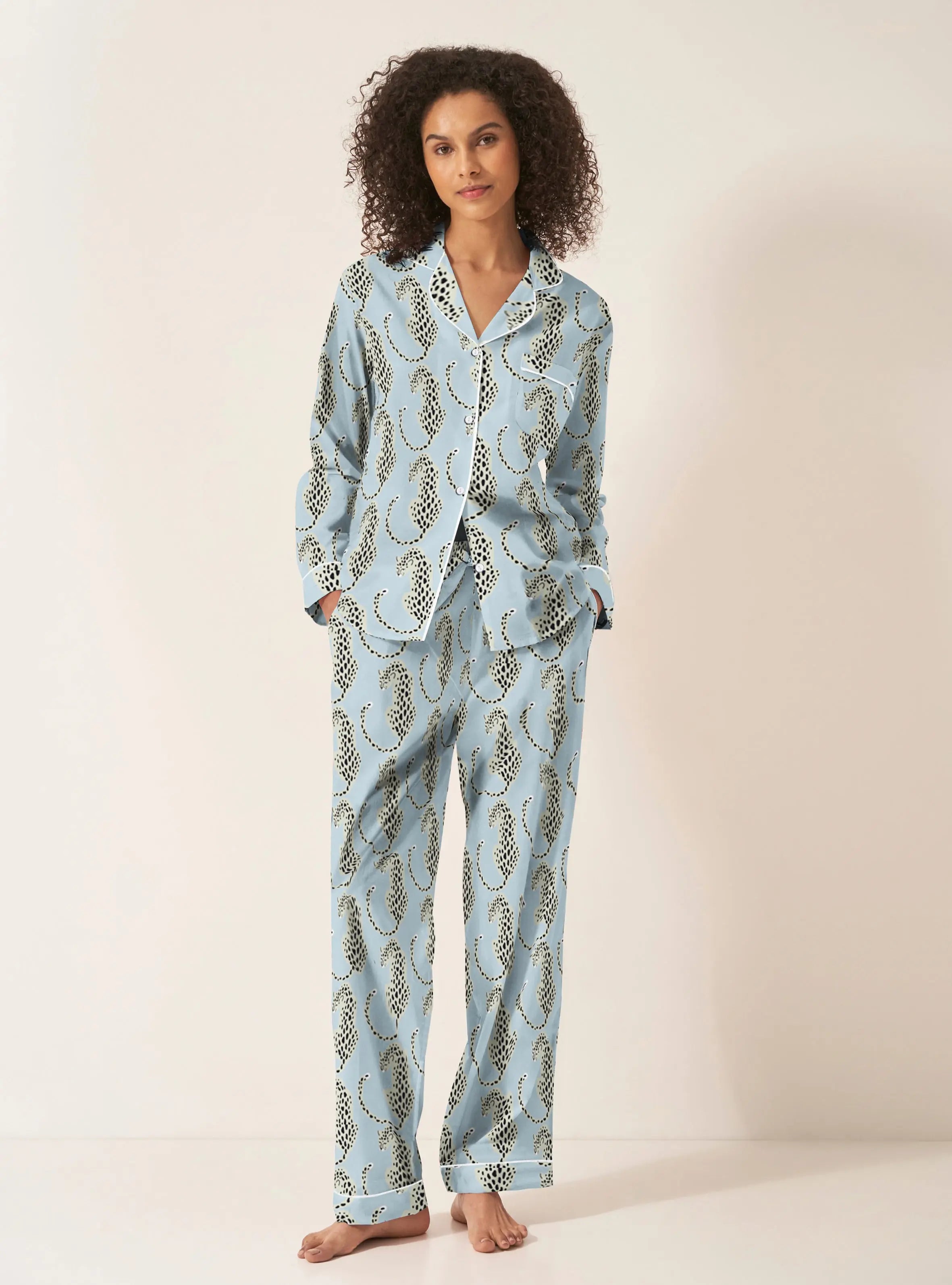 Blue Leopards Women's Long Sleeve Organic Cotton Pyjama Trouser Set