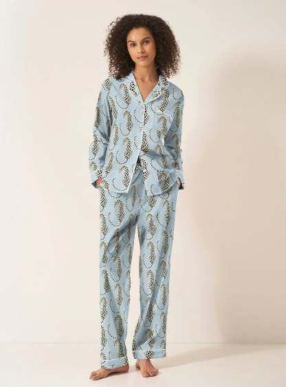 Blue Leopards Women's Long Sleeve Organic Cotton Pyjama Trouser Set