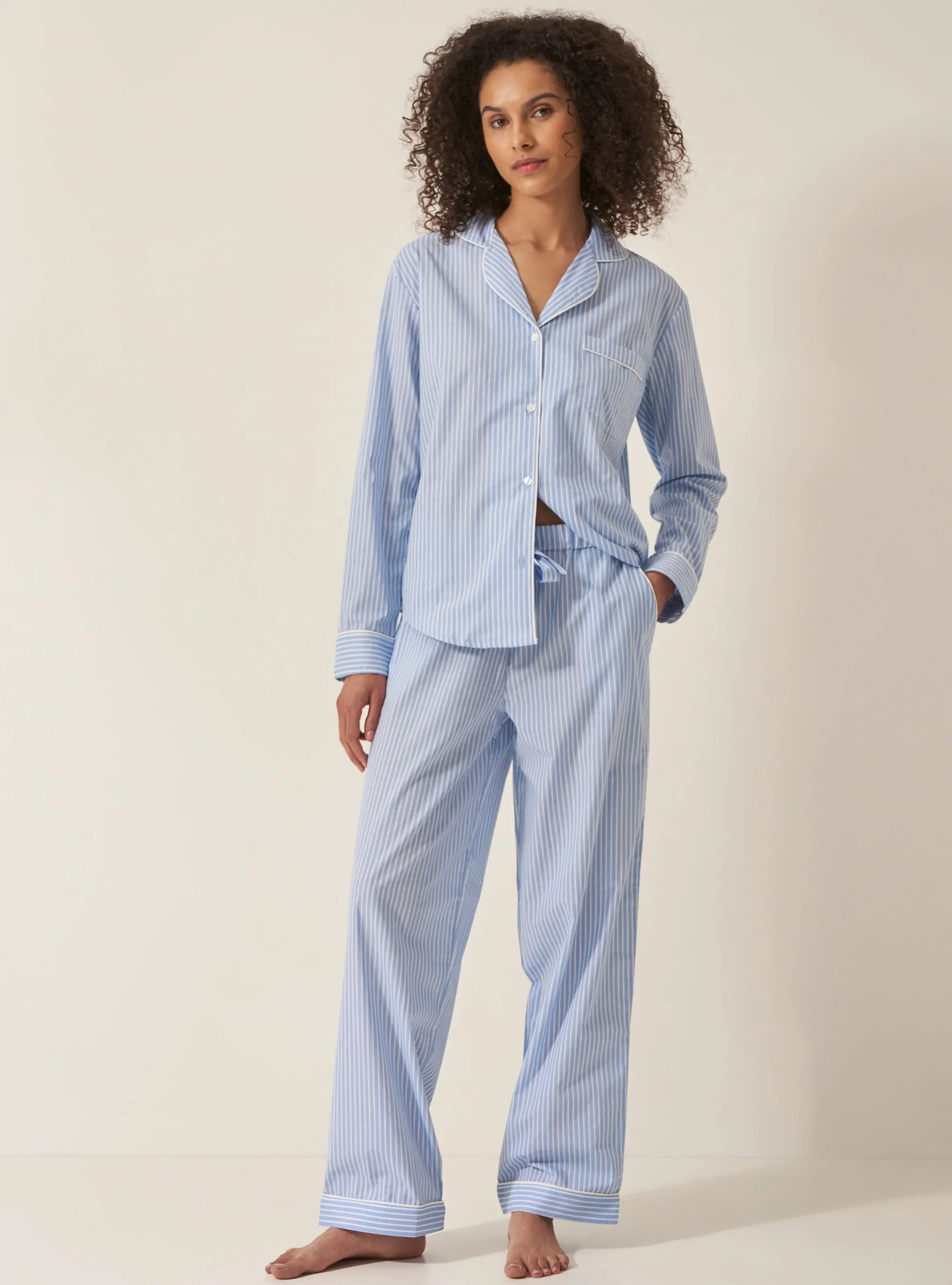 Blue & White Stripe Women's Long Sleeve Organic Cotton Pyjama Trouser Set