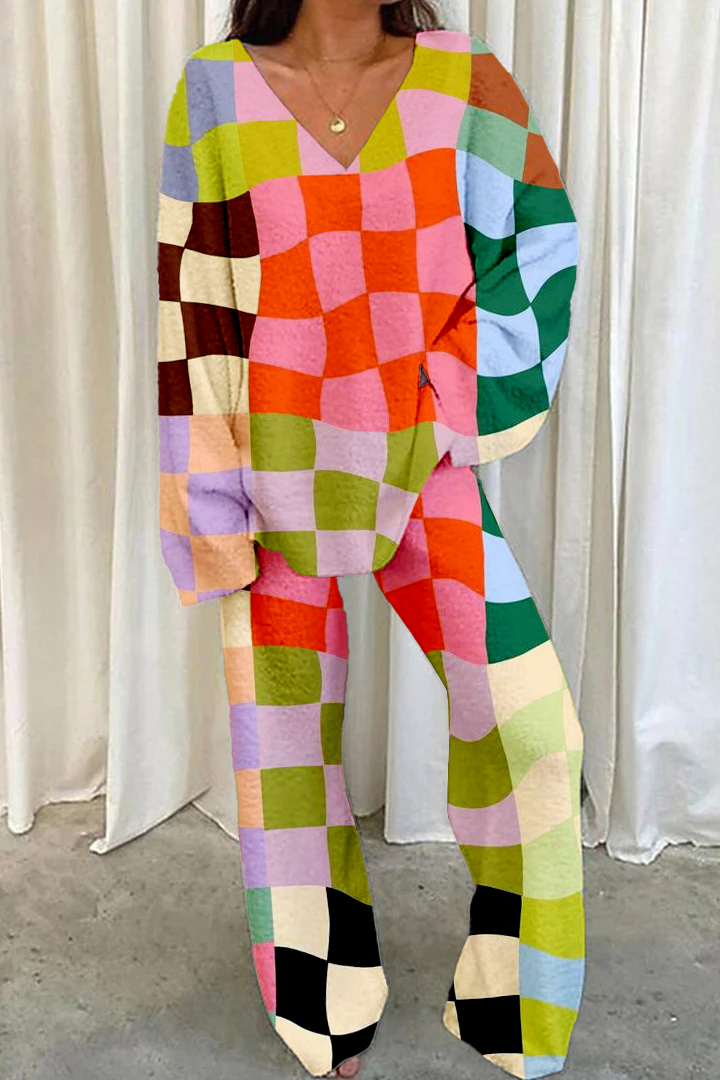 Women's Colorblock Plaid Print Home V Neck Long Sleeve Suit