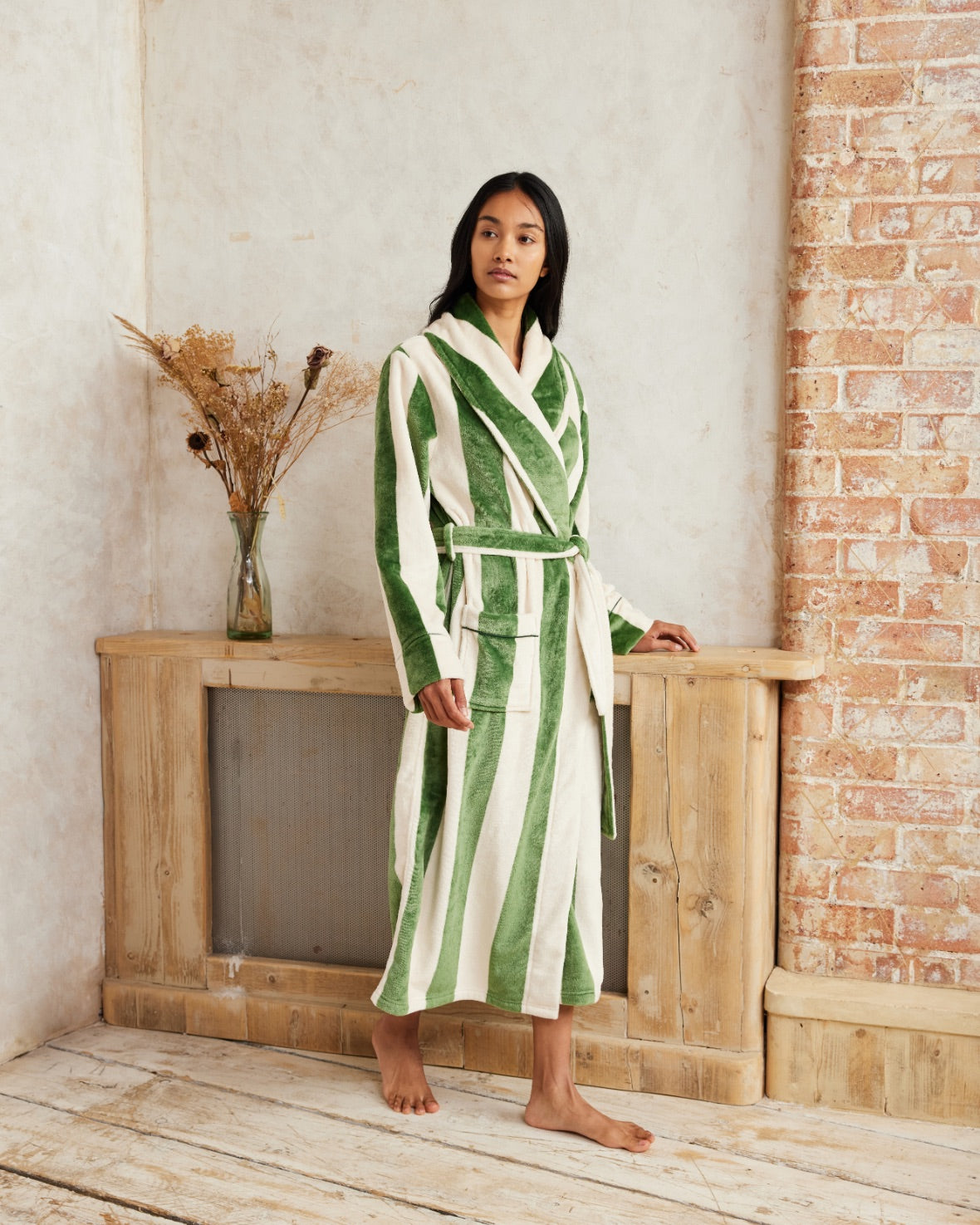 Flannel Stripe Long Dressing Gown - Green