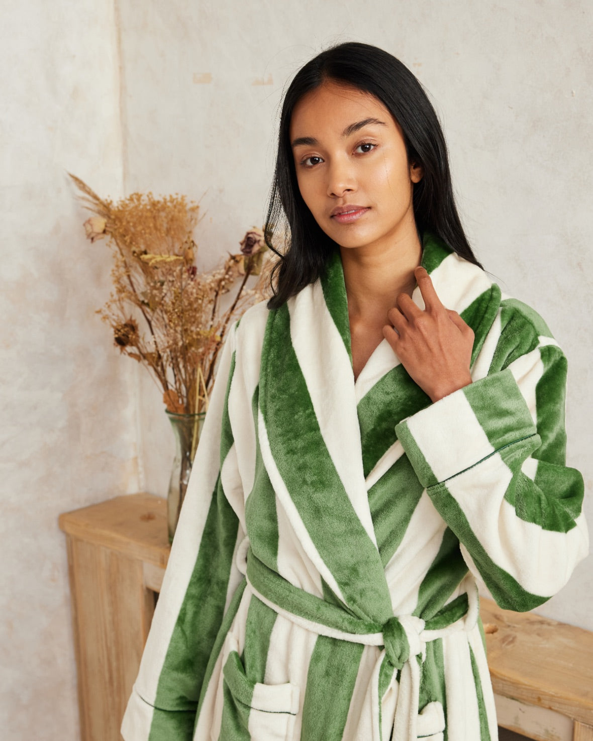 Flannel Stripe Long Dressing Gown - Green