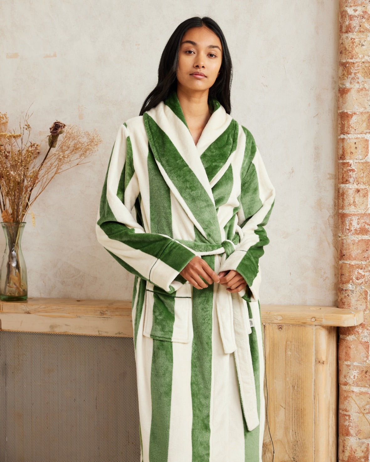 Flannel Stripe Long Dressing Gown - Green