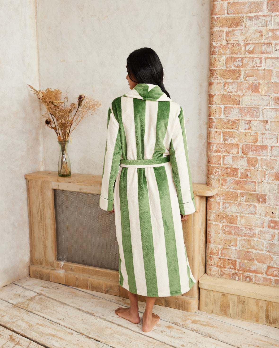Flannel Stripe Long Dressing Gown - Green