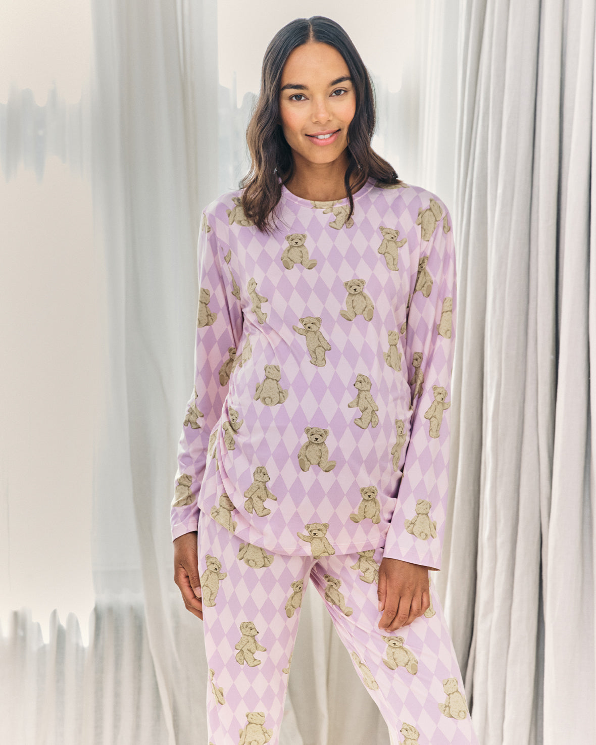 Maternity Argyle Bear Long Pyjama Set - Lilac
