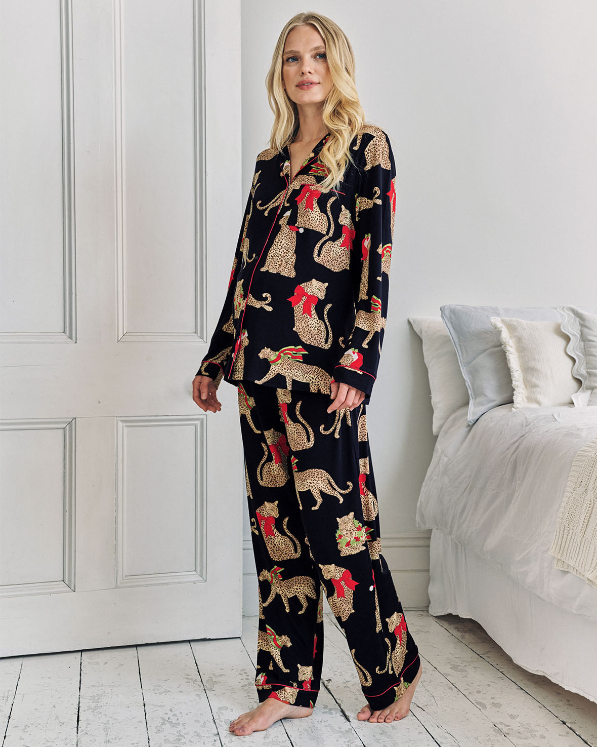 Maternity Christmas Leopard Print Long Pyjama Set