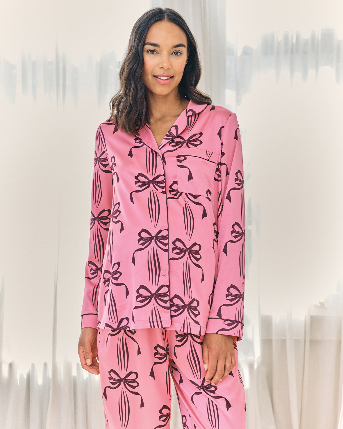 Maternity Satin Bow Print Long Pyjama Set