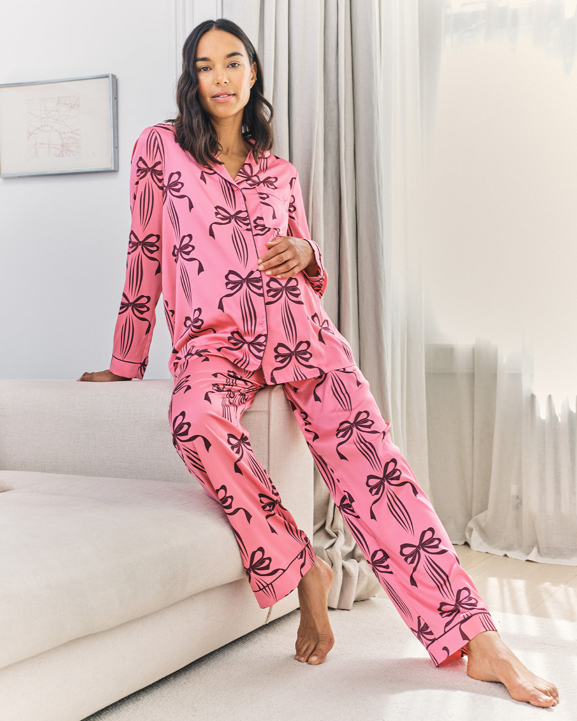 Maternity Satin Bow Print Long Pyjama Set