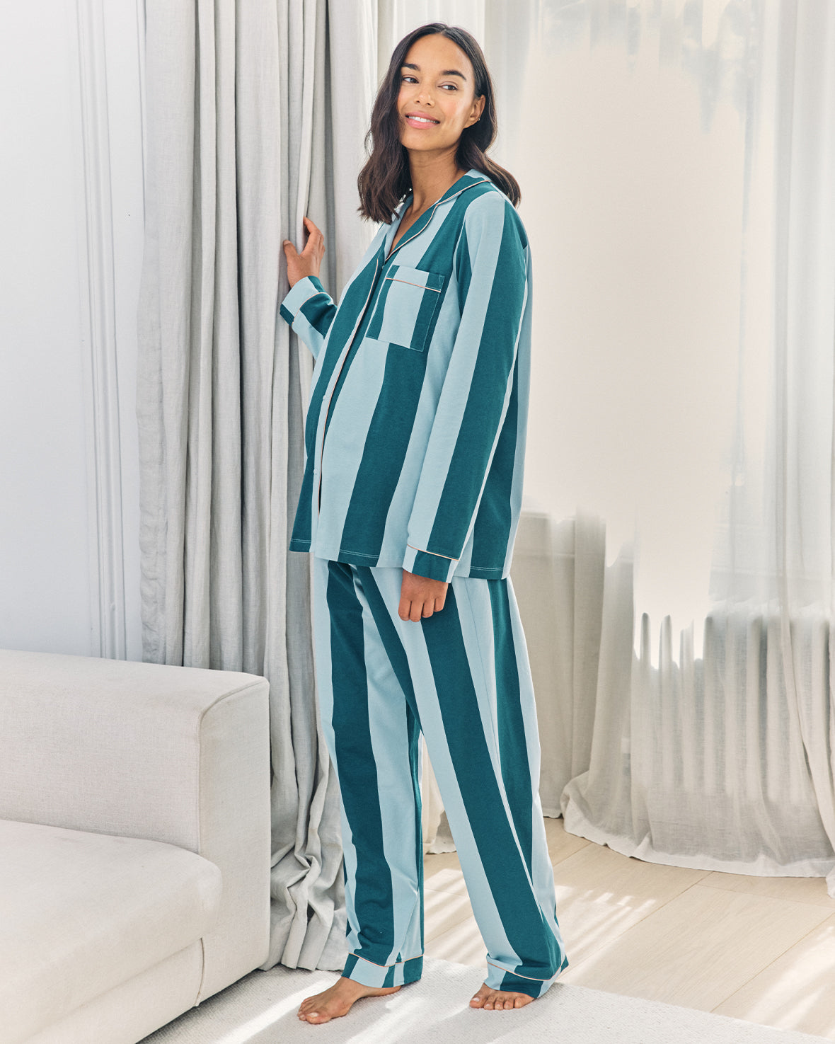 Maternity Organic Cotton Stripe Long Pyjama Set - Blue