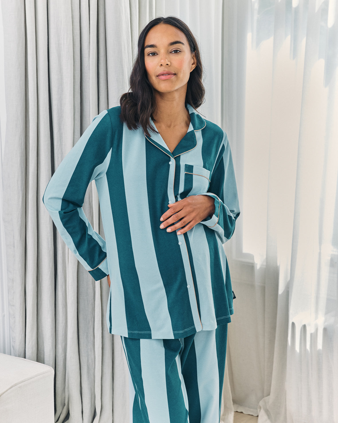 Maternity Organic Cotton Stripe Long Pyjama Set - Blue
