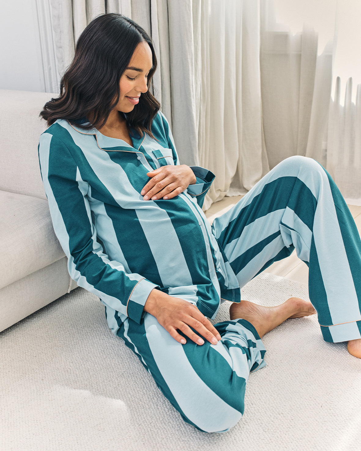 Maternity Organic Cotton Stripe Long Pyjama Set - Blue