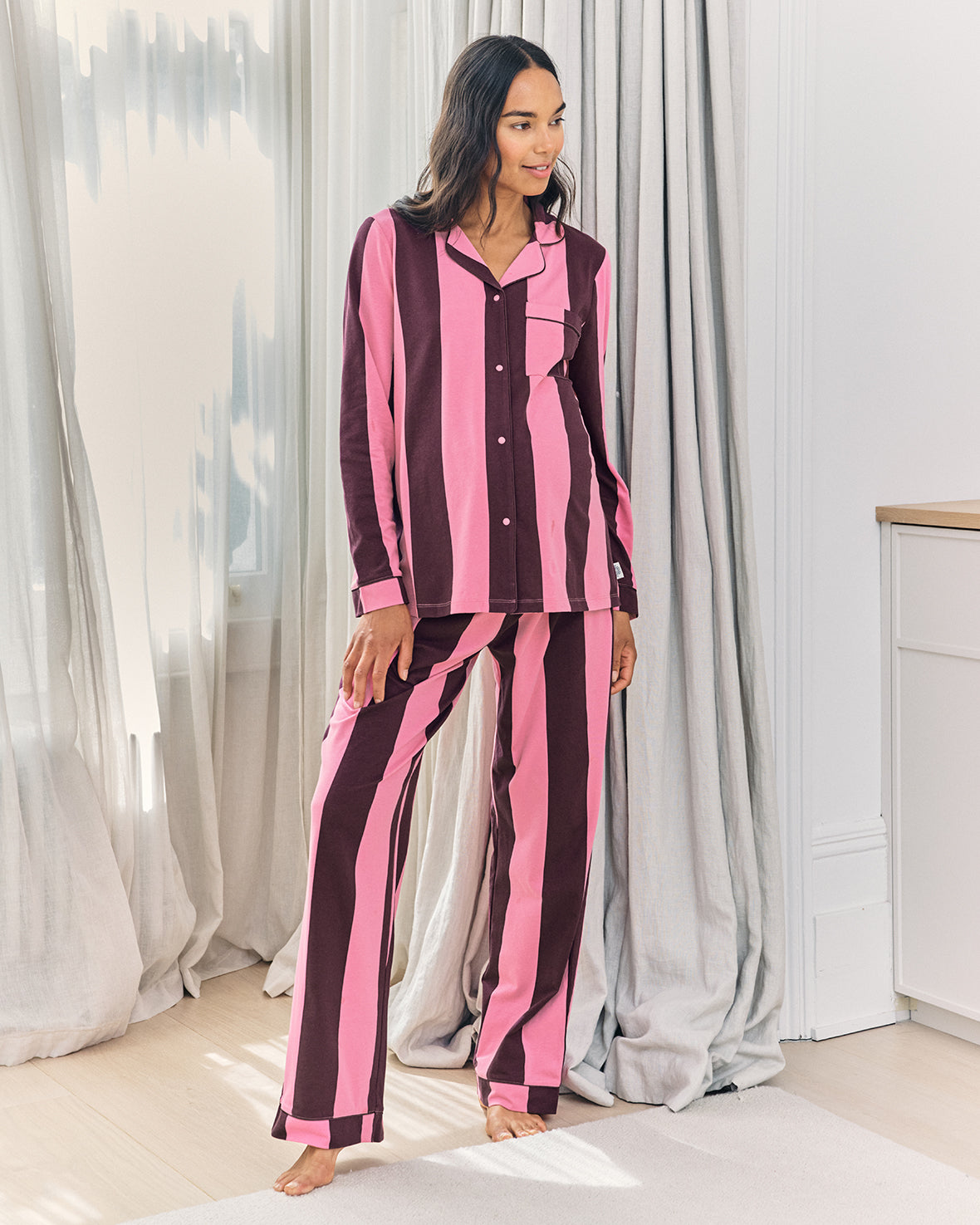 Maternity Organic Cotton Stripe Long Pyjama Set - Pink