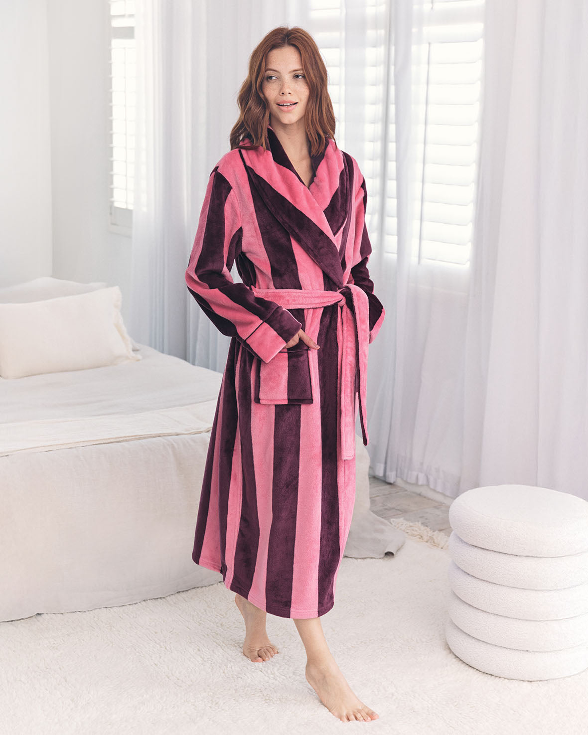 Flannel Stripe Long Dressing Gown - Pink