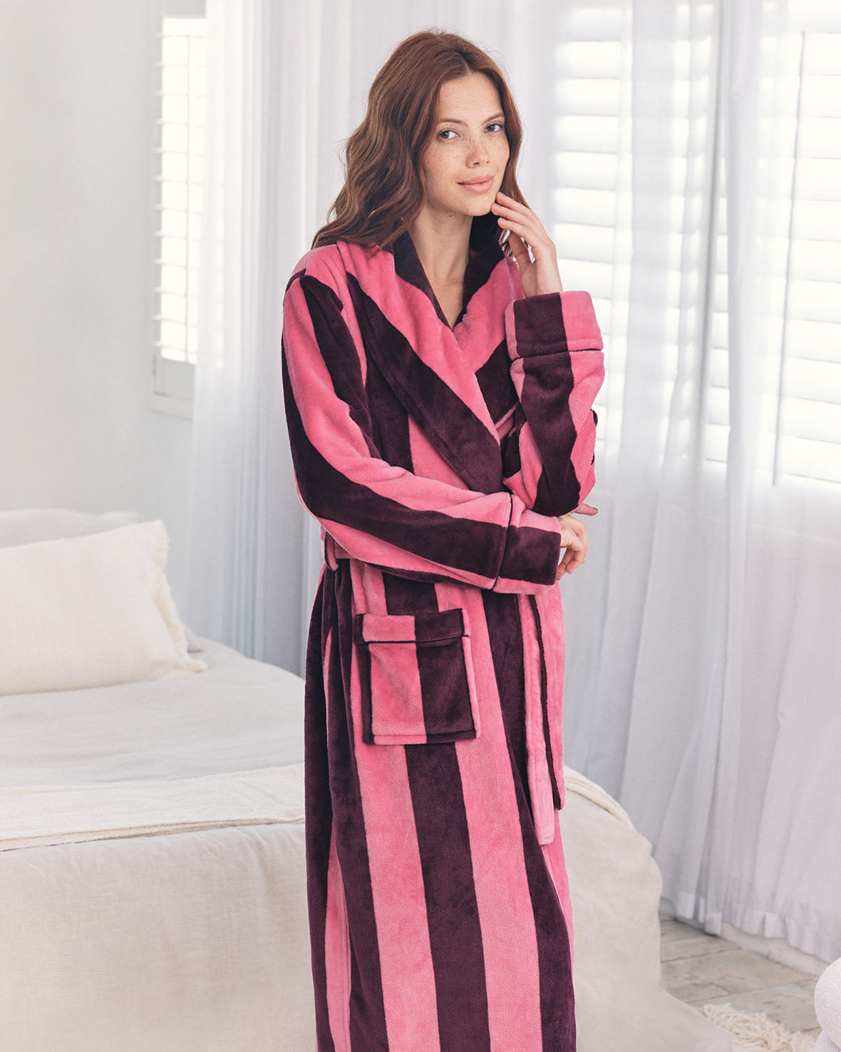 Flannel Stripe Long Dressing Gown - Pink