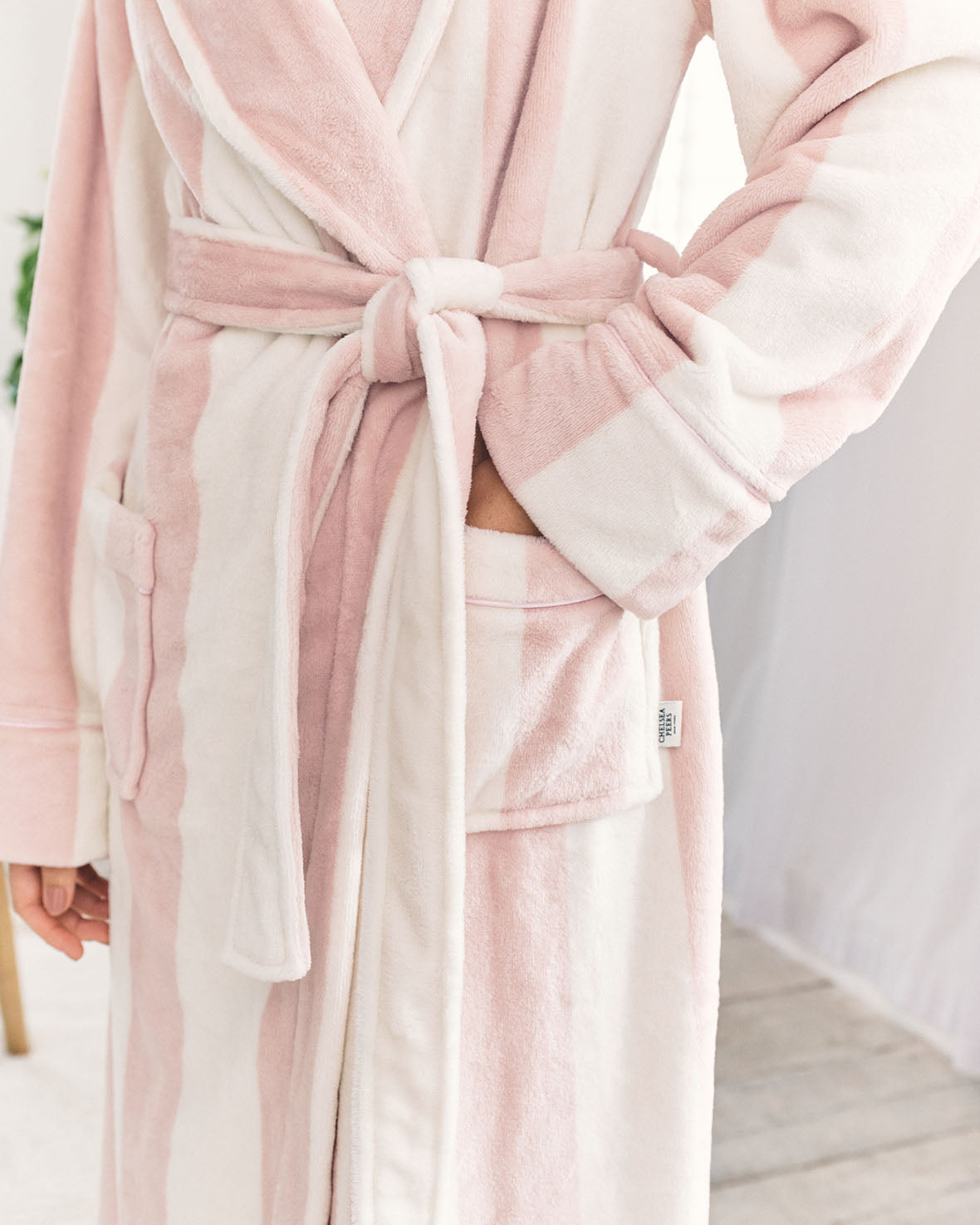 Flannel Stripe Long Dressing Gown - Dusky Pink