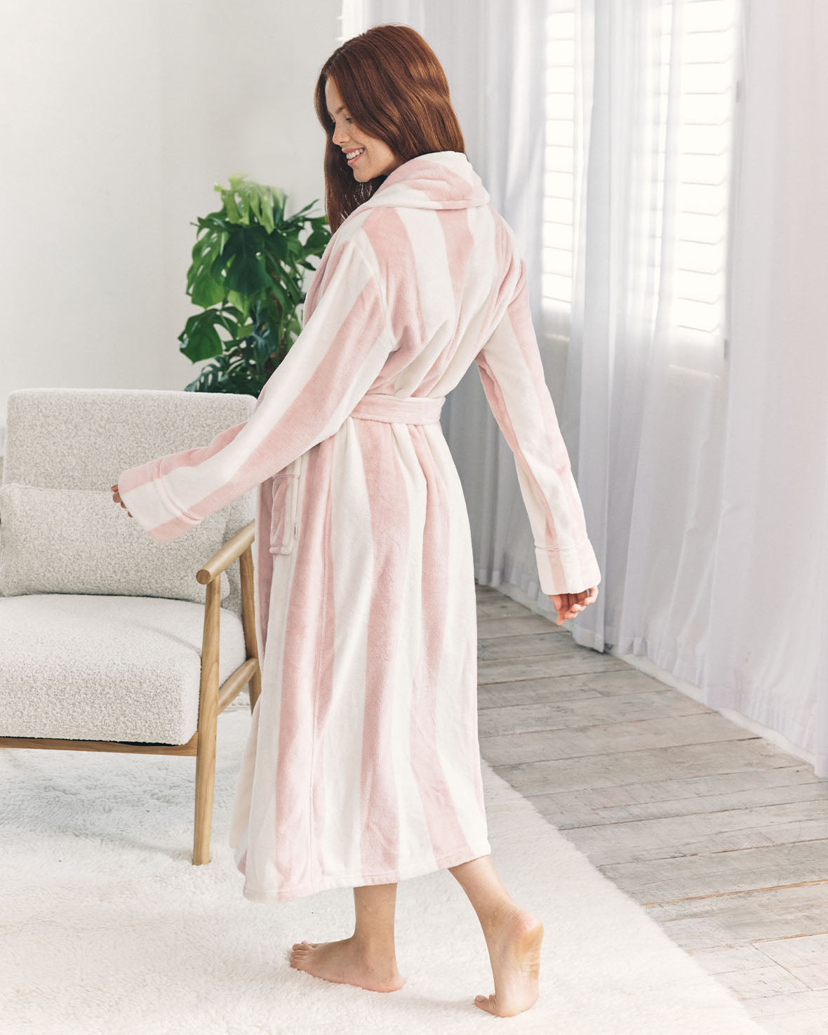Flannel Stripe Long Dressing Gown - Dusky Pink