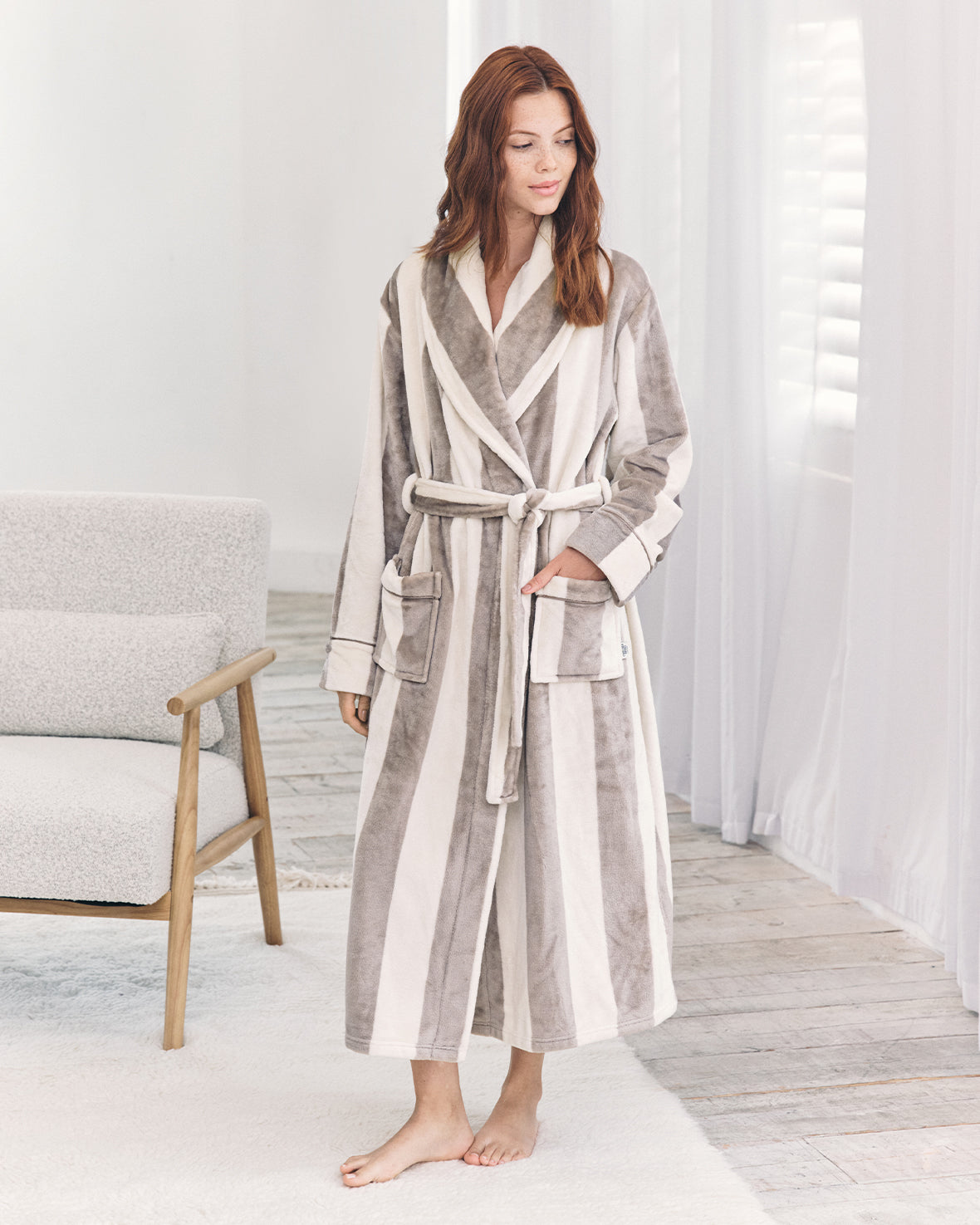 Flannel Stripe Long Dressing Gown - Taupe