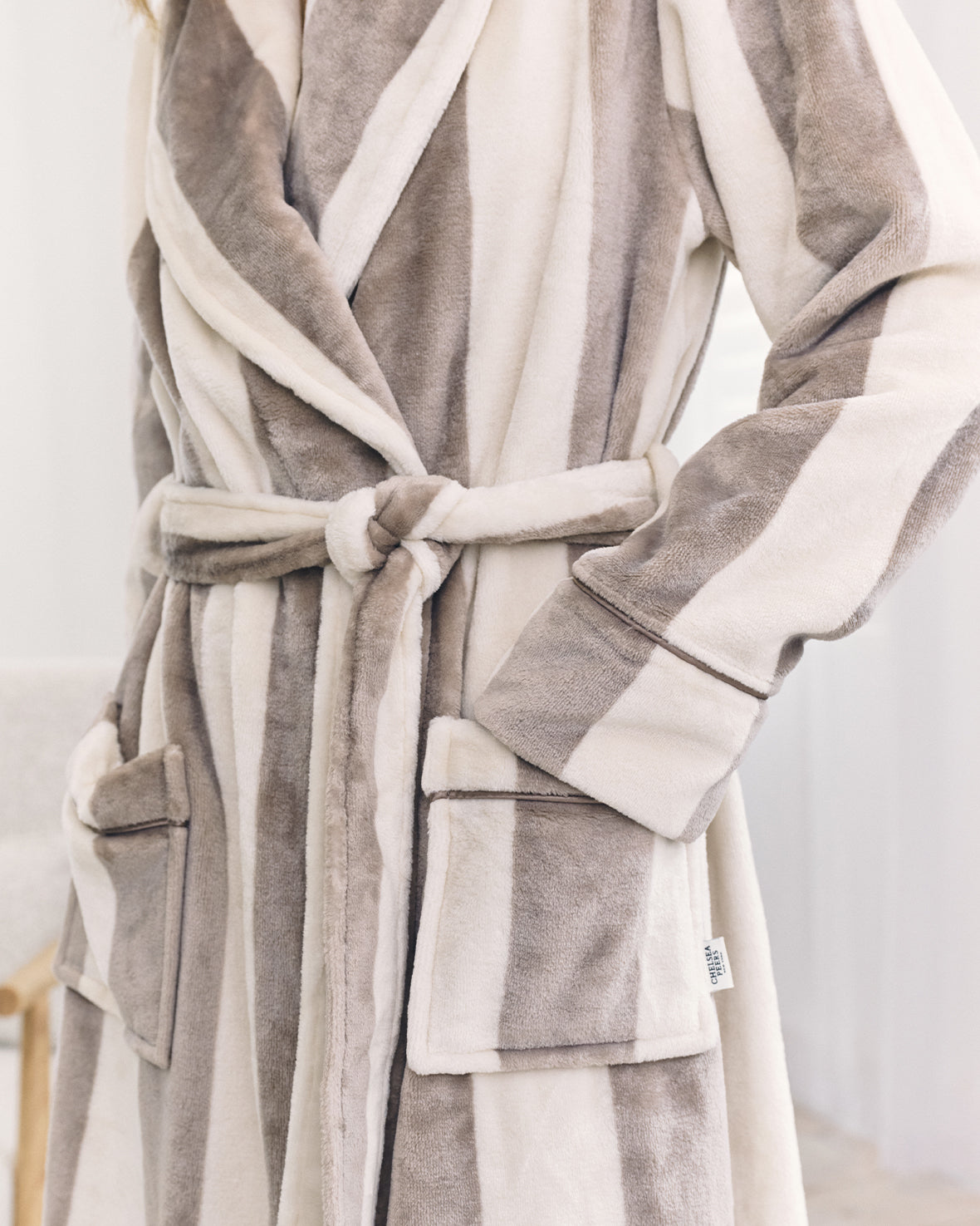 Flannel Stripe Long Dressing Gown - Taupe