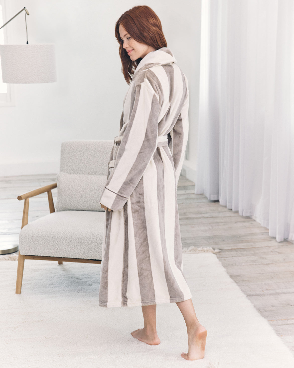 Flannel Stripe Long Dressing Gown - Taupe